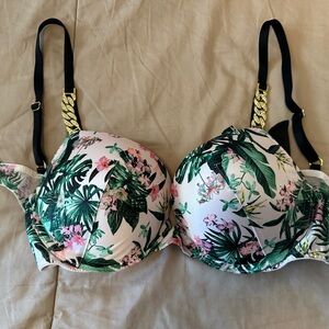 Victoria's Secret Pink Floral Push-Up Bra with Black Straps and Gold Chain